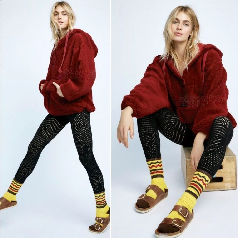 Free People Plush Hooded Jacket in Deep Red